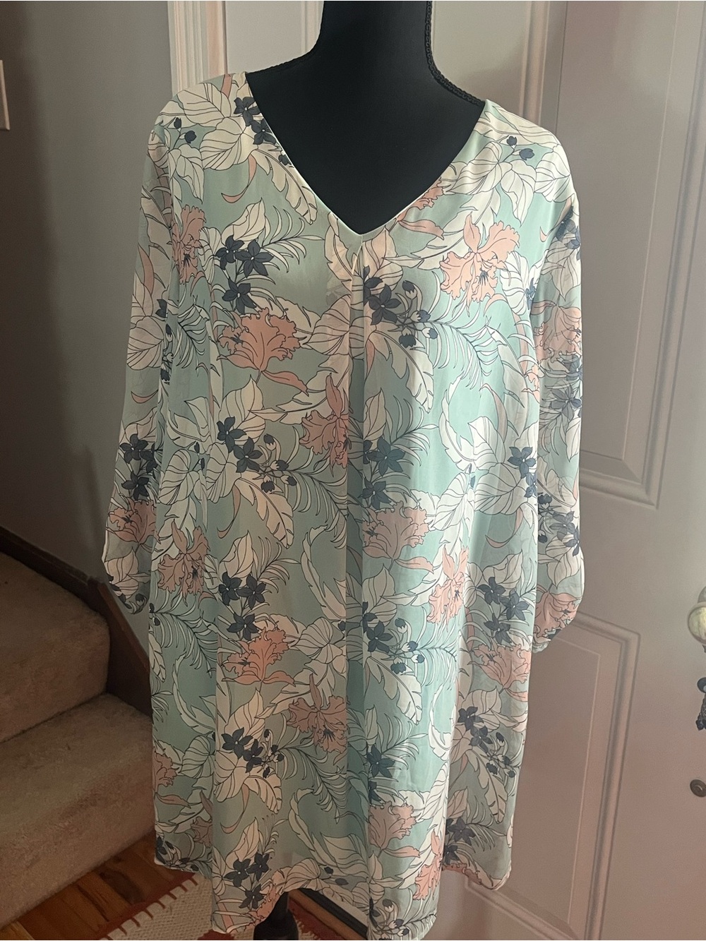 Women's Mint Floral V-Neck Dress